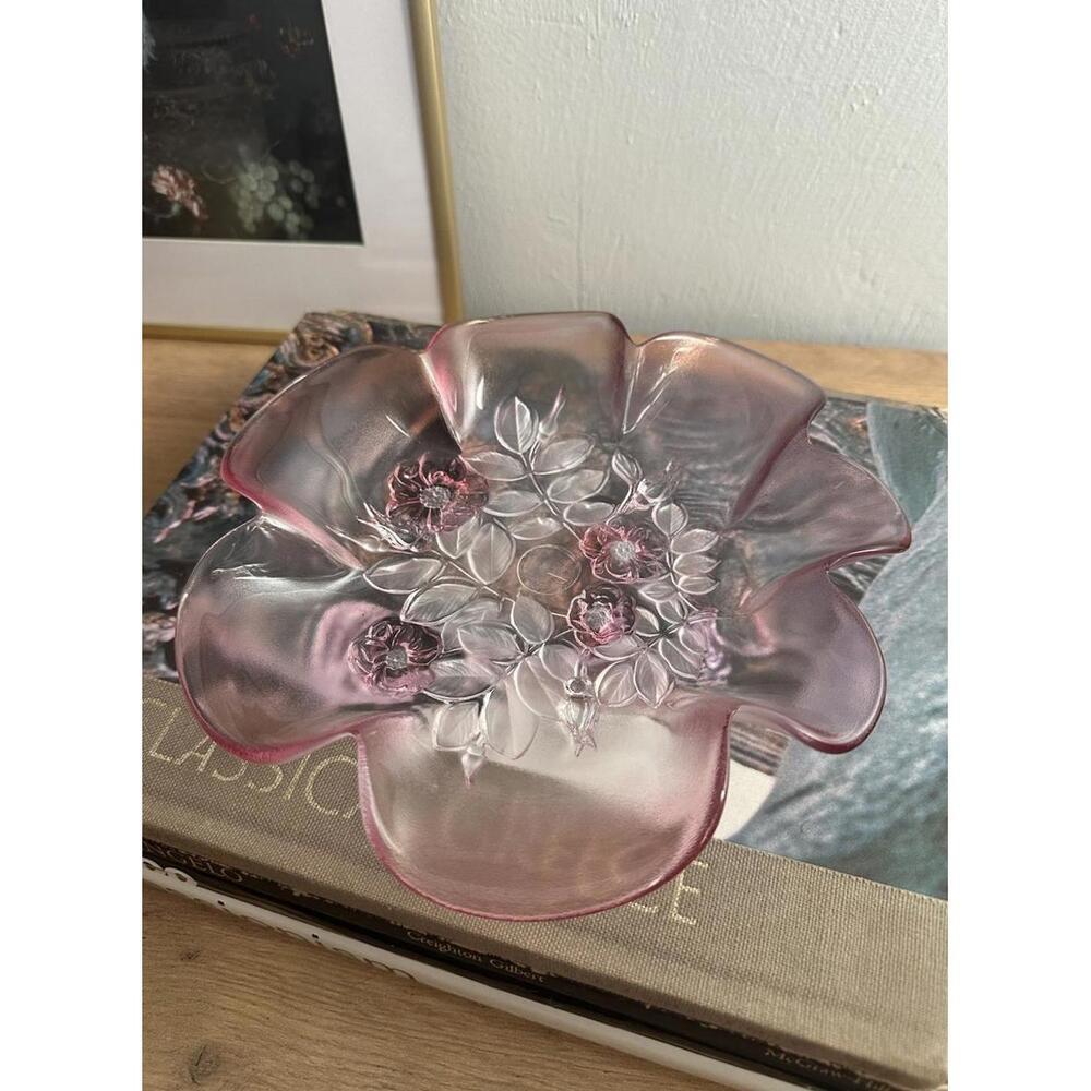 Mikasa Rosella Glass Bowl Frosted Pink Embossed Floral Design Scalloped Edge